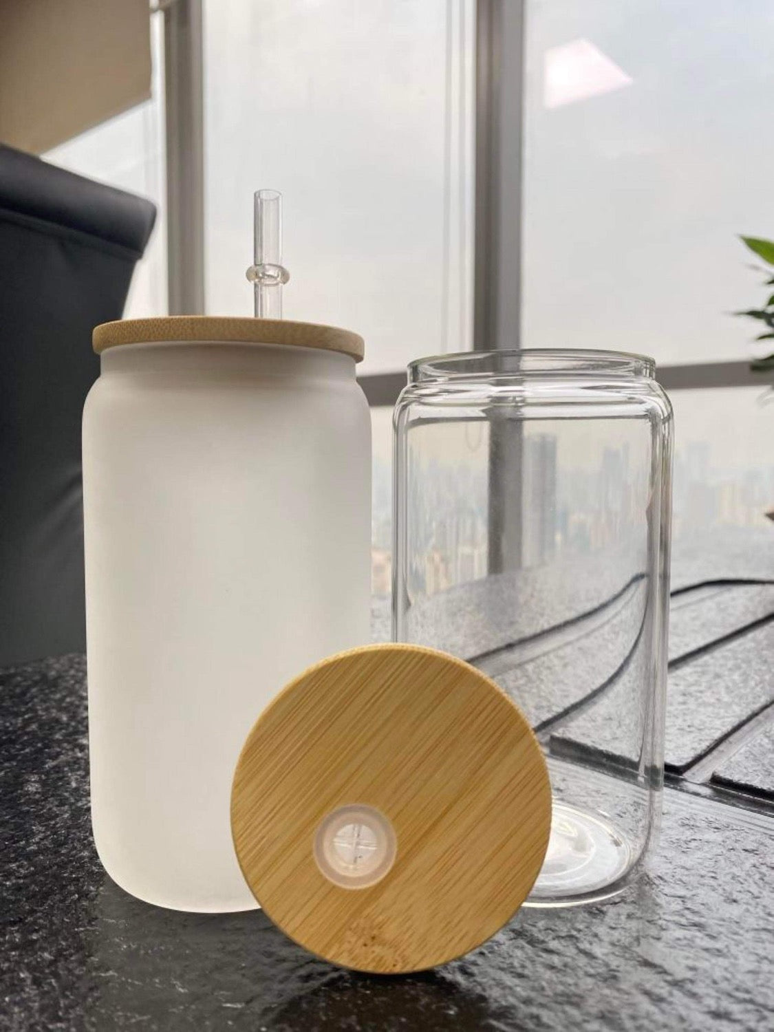 Bamboo Lid and Straw Beer Can Glass Lid Glass Straw Bamboo 